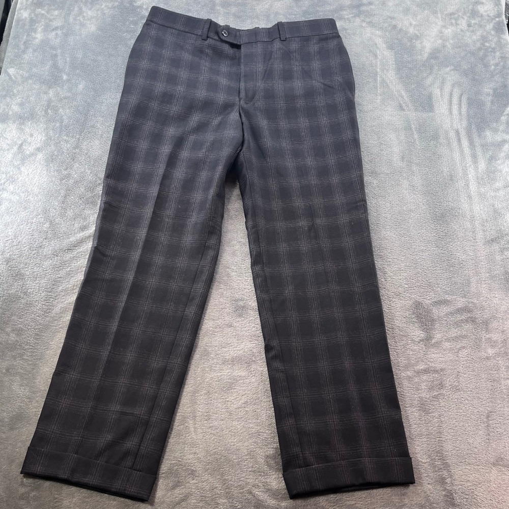 Gala Mens Pure New Wool Plaid Dress Pants Charcoal Grey Cuffed Trousers 35x30.5